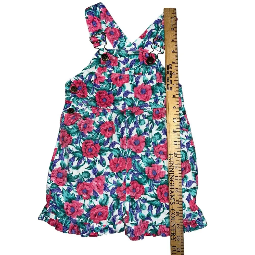 Vintage 80/90s Floral pink purple green denim ruffled shortalls girls size 4T